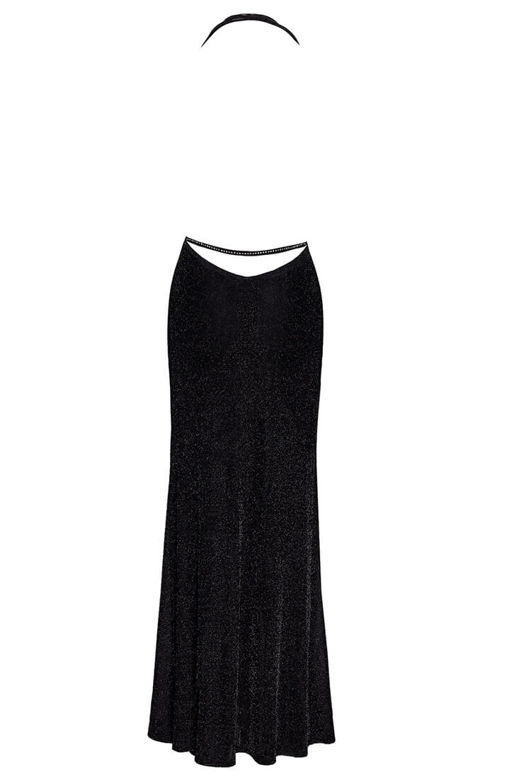 Sparkly transparent mesh dress with draped neckline and open back