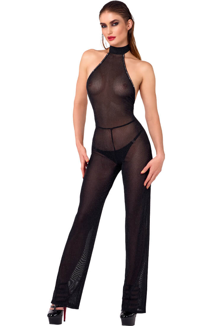 Fetish-inspired sparkly mesh jumpsuit with halterneck and rhinestone back strap - COAX Fetish