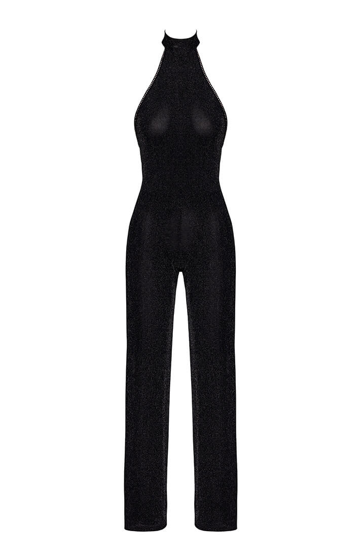 COAX Fetish sparkly mesh jumpsuit with stand-up collar and daring backless cut