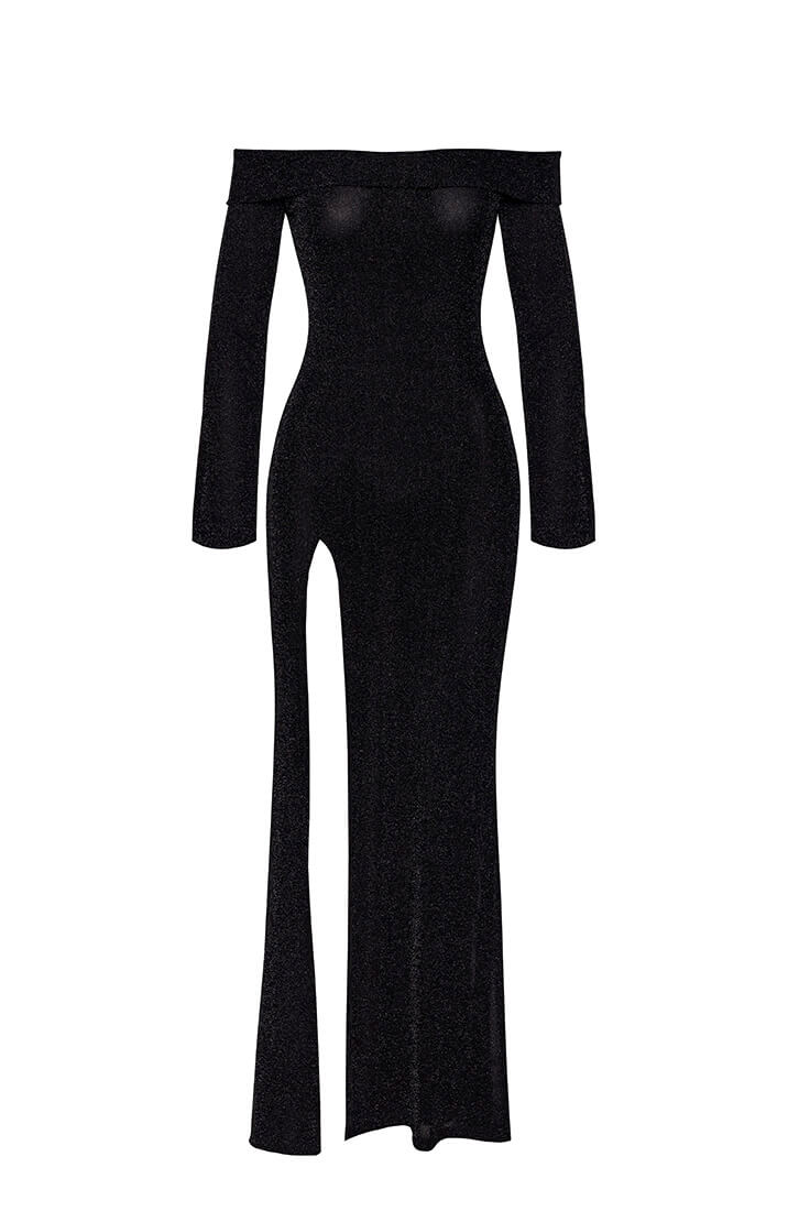 Transparent glitter mesh gown with thigh-high slit and long sleeves from COAX Fetish