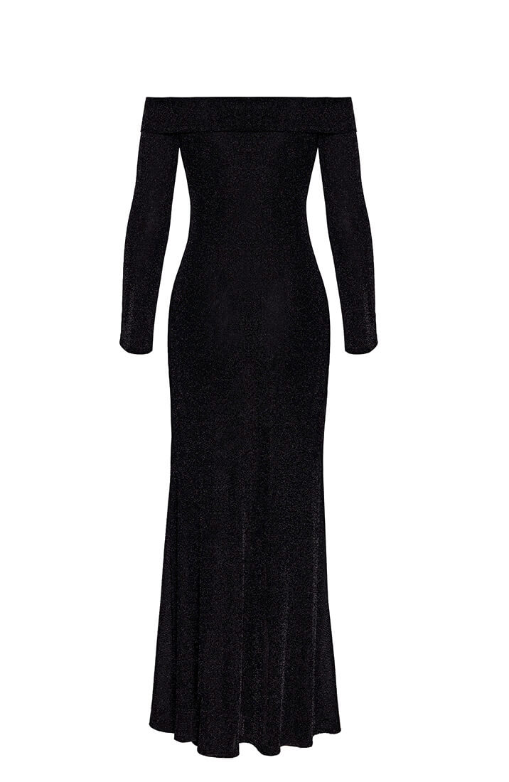 COAX Fetish ankle-length evening gown in sheer mesh with shoulder-baring neckline