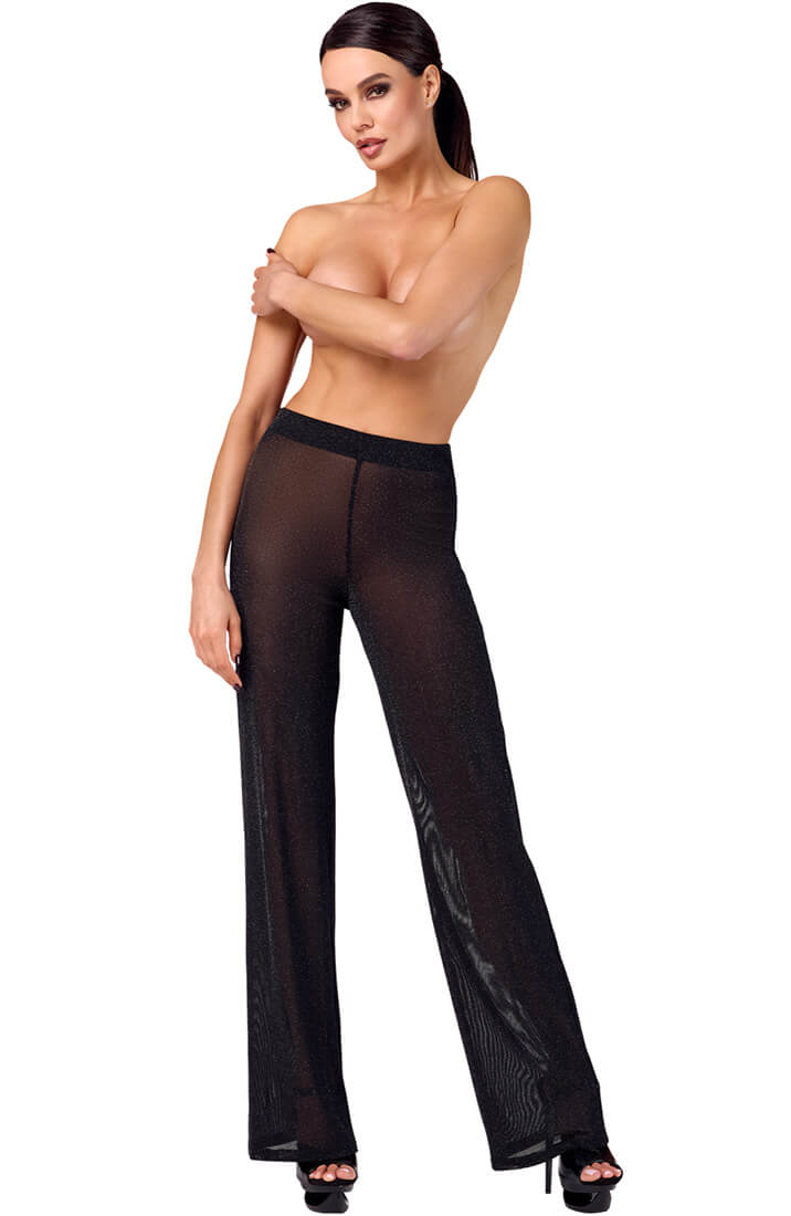 Sparkly sheer black wide-leg mesh pants COAX fetish fashion