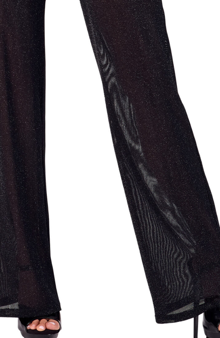 Sheer black mesh palazzo pants with subtle shimmer fabric