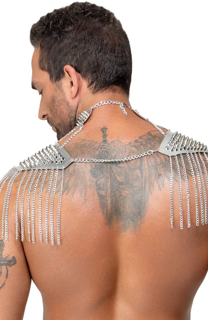 Silver body chain with spiked collar, shoulder pads and hanging chains