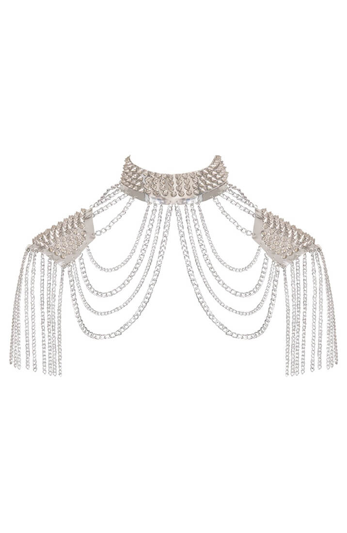 Spiked silver collar with chain shoulder pads from COAX Copenhagen