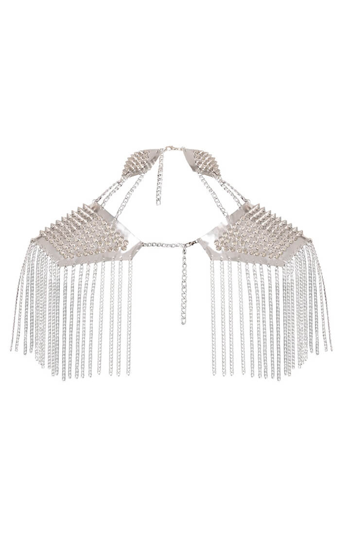 Statement chain body jewelry with silver spikes and shoulder fringe