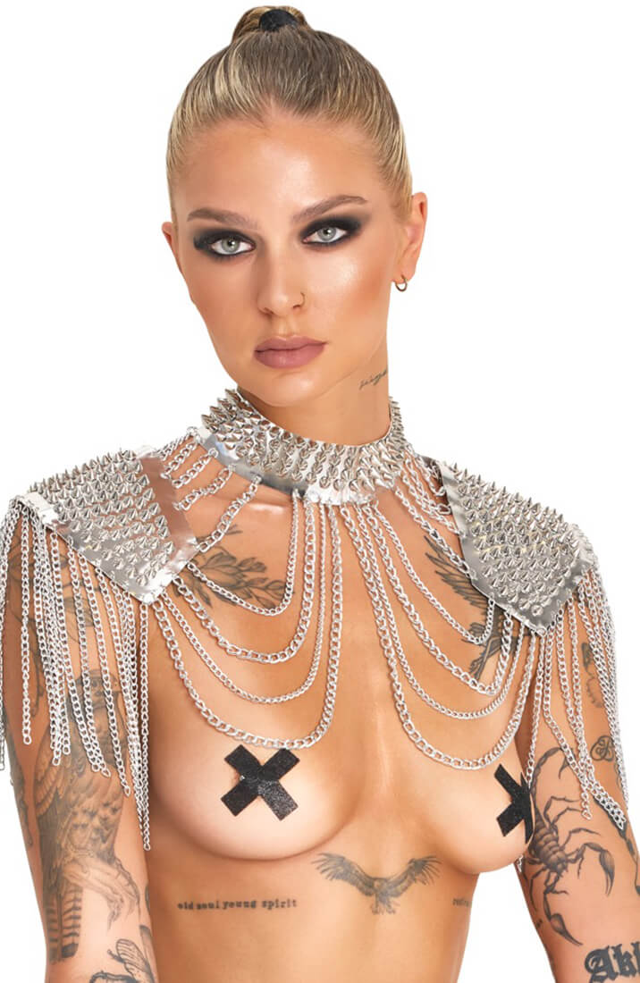Silver spiked shoulder armor with draped chains and high collar