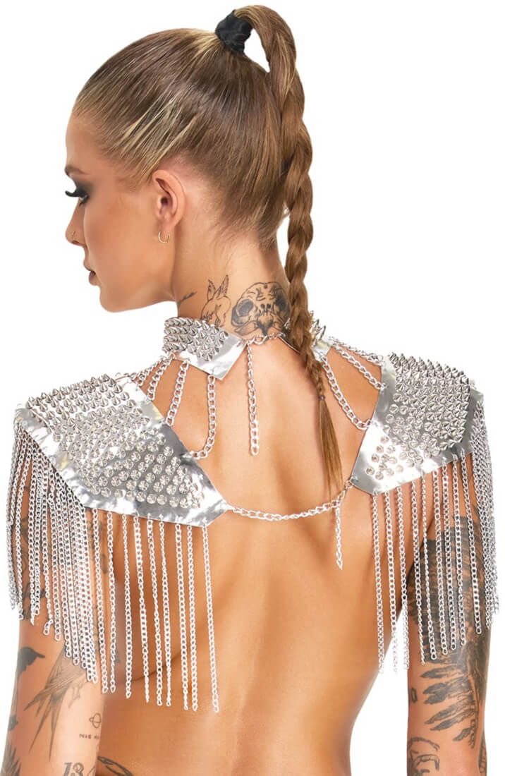 Unisex fetish accessory with spiked collar and silver chain shoulder pads