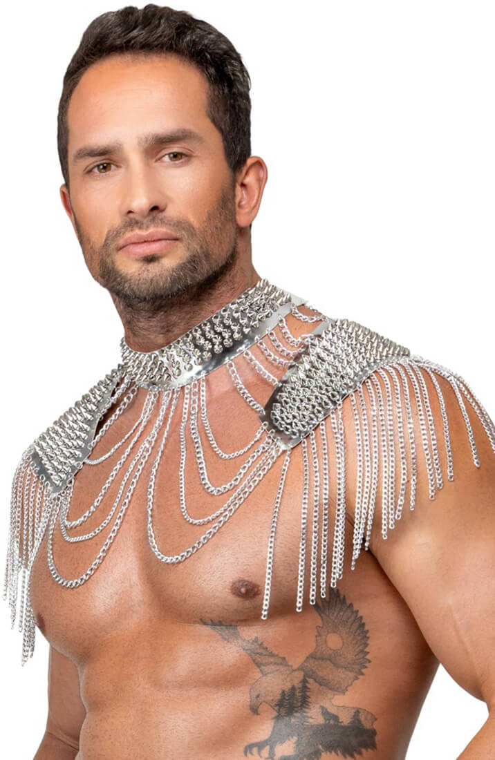 COAX Copenhagen silver chain body jewelry with spikes and shoulder details