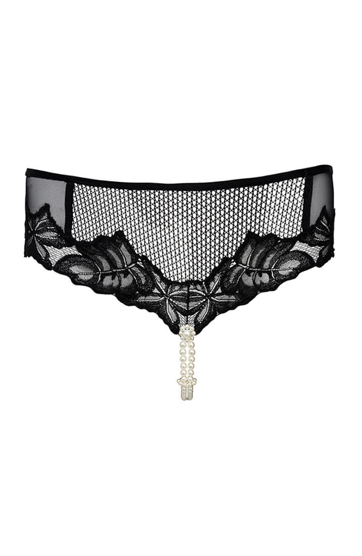 Black brief panty with double pearl string and sheer lace - COAX Copenhagen lingerie