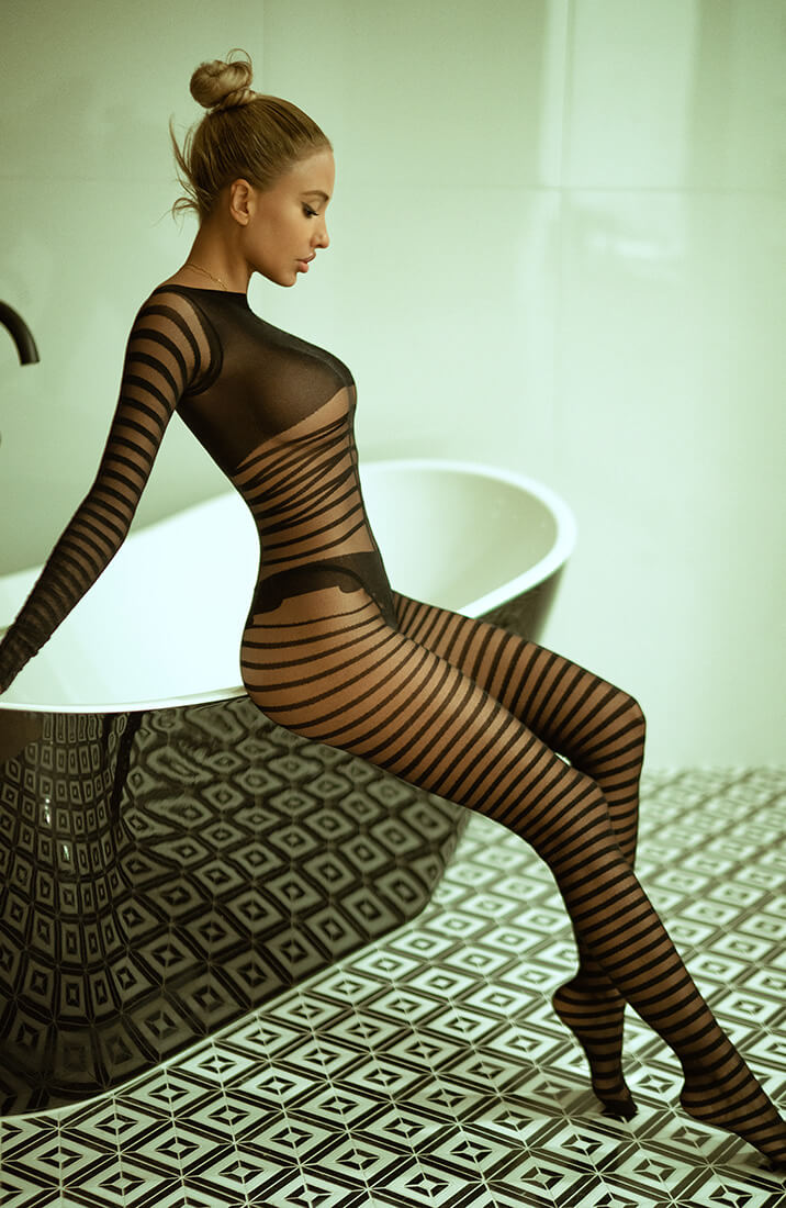 Striped black crotchless bodystocking with sheer sleeves and curve-hugging fit - COAX Copenhagen | Sexy Lingerie
