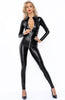 Erotic black wet look catsuit with 3-way zip
