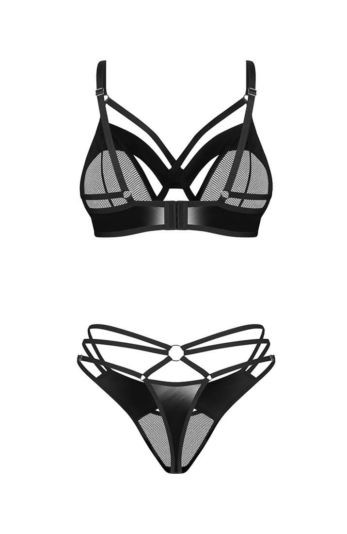 Erotic black lingerie set with structured strap details