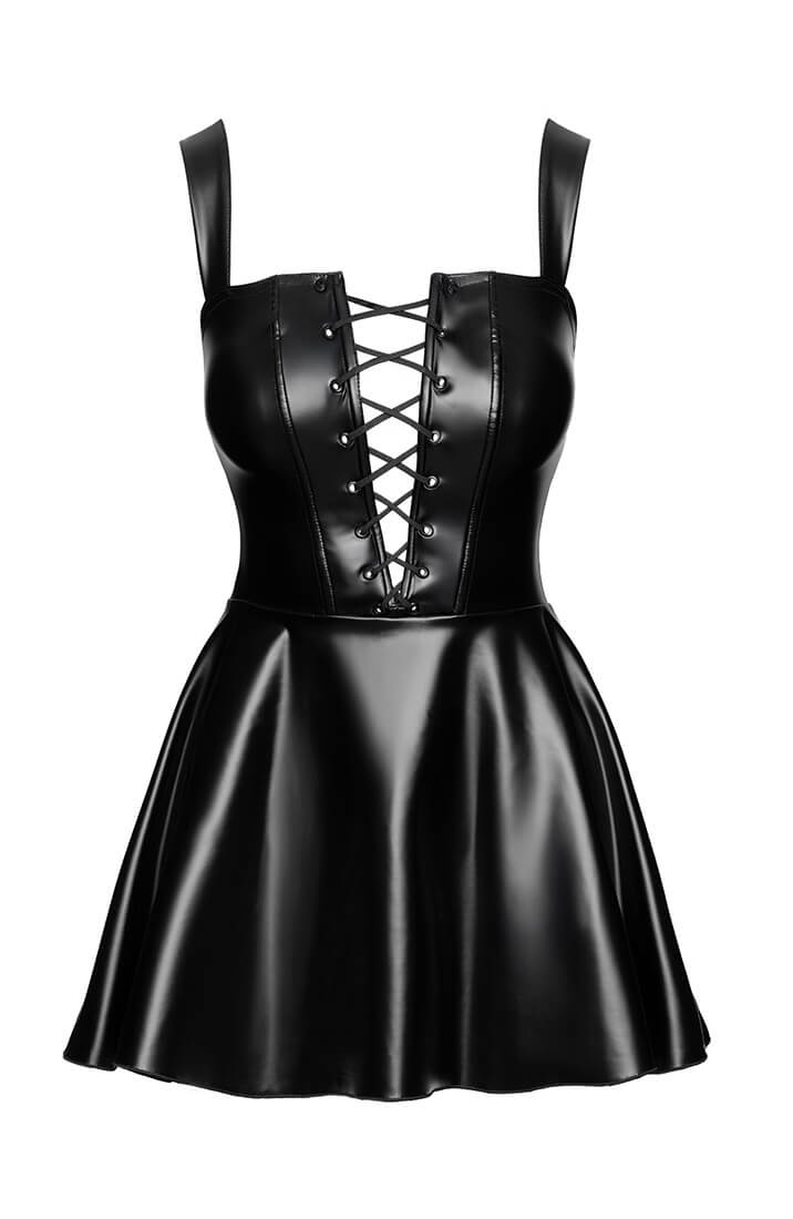 Black fetish wet look dress from COAX Copenhagen with plunging lace-up neckline
