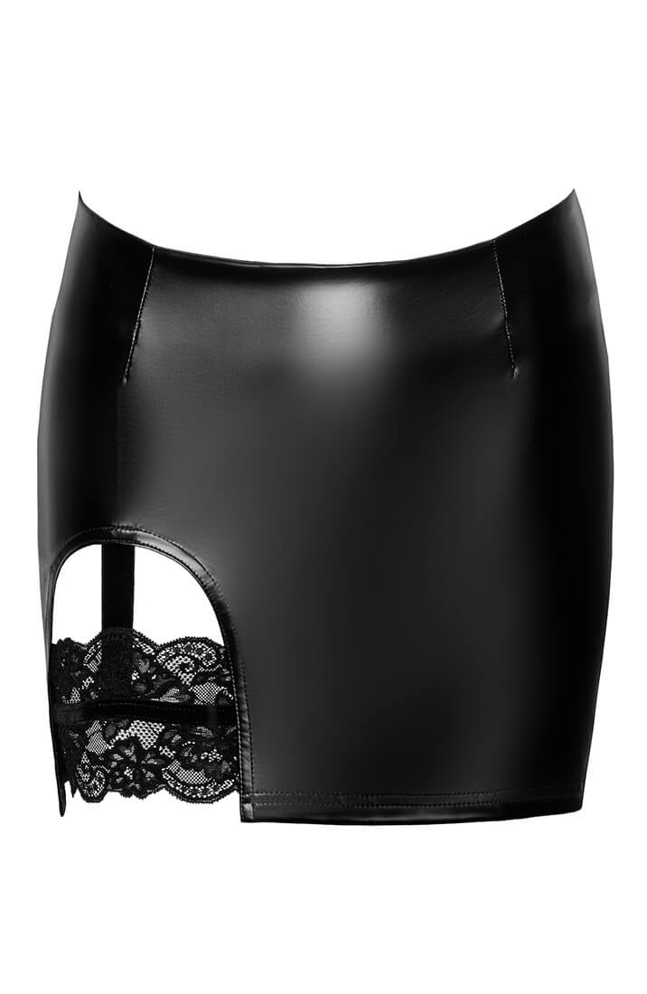 Wet look mini skirt with lace garter