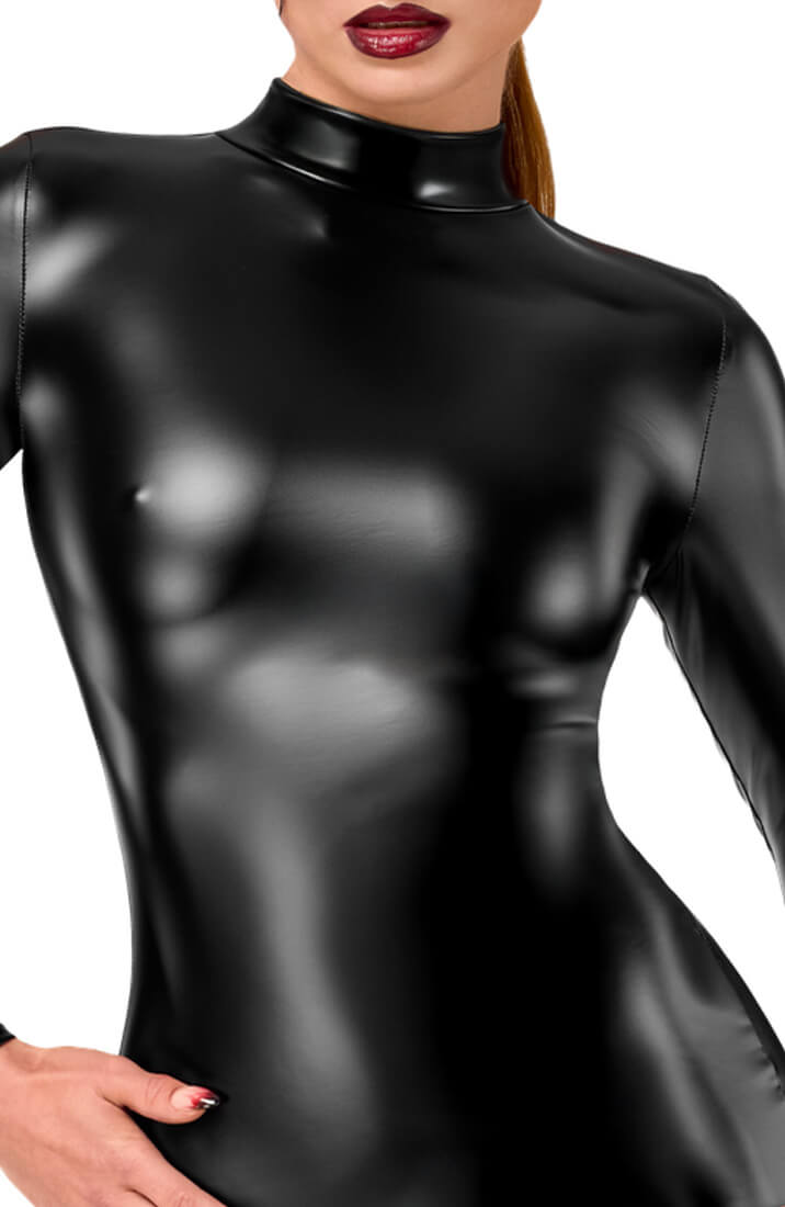 Wet look fetish dress with crystal ribbon detail and mesh back - COAX Copenhagen fetish clothing