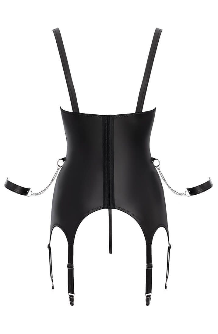 Crotchless shelf bustier set designed for erotic play and soft control