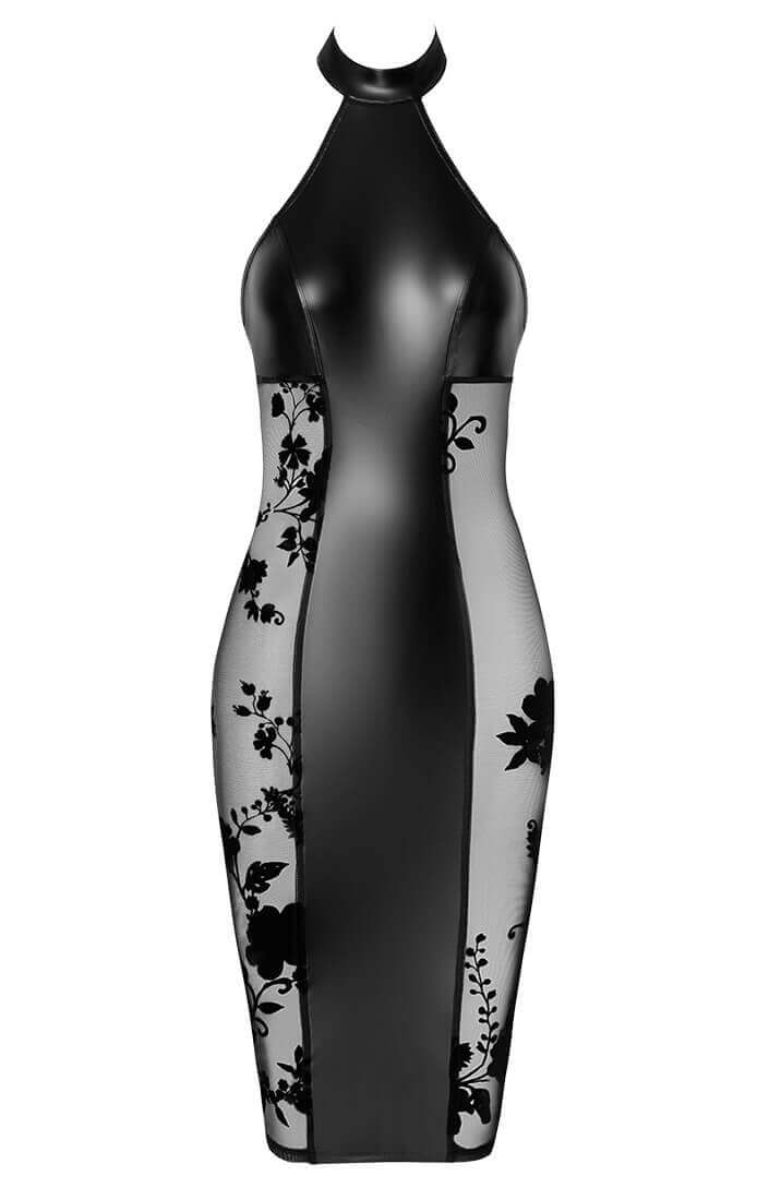 Wet look X sheer mesh halter neck dress