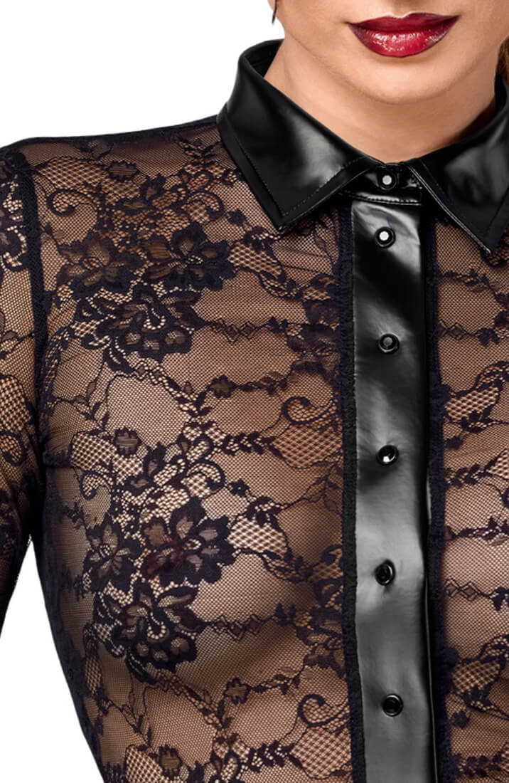 COAX Copenhagen transparent lace shirt with wet look details
