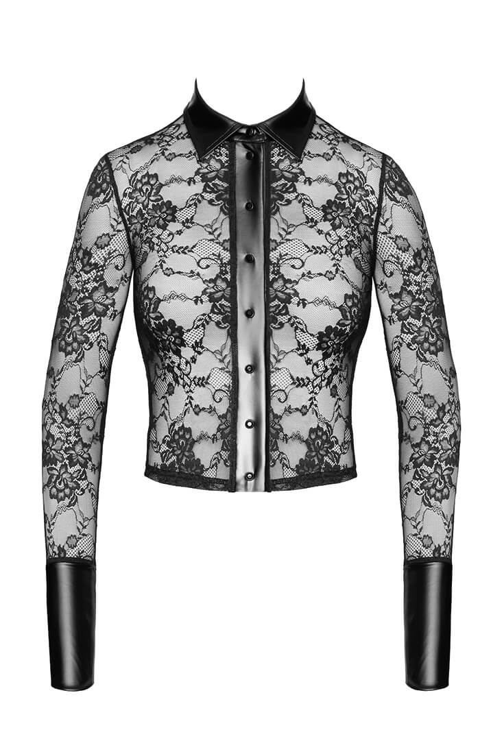 Black lace fetishwear shirt with shiny snap front