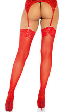 Load image into Gallery viewer, Red sheer thigh highs with lace trim