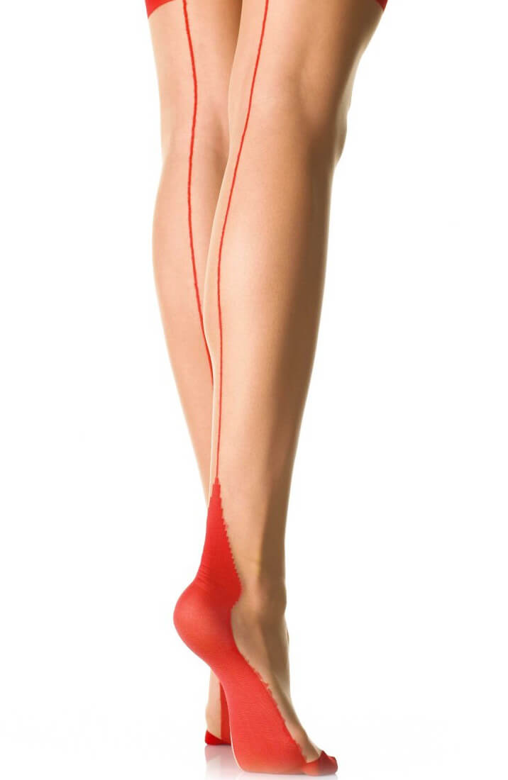Nude stockings with red back seam