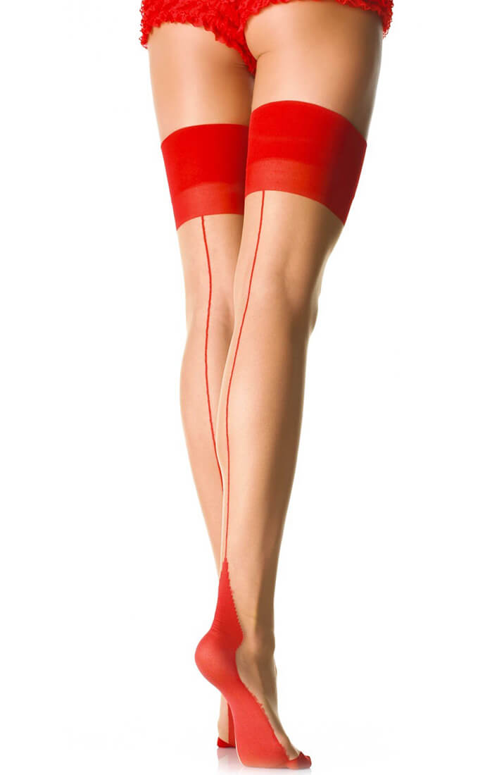Nude stockings with red back seam