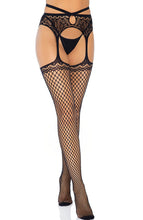 Load image into Gallery viewer, Black net stockings with strappy waist garter belt