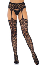 Load image into Gallery viewer, Black scroll lace garter belt stockings