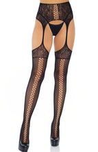 Load image into Gallery viewer, Black suspender pantyhose with faux lace up backseam