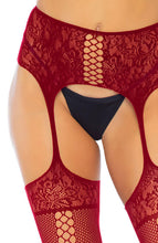 Load image into Gallery viewer, Burgundy suspender pantyhose with faux lace up backseam