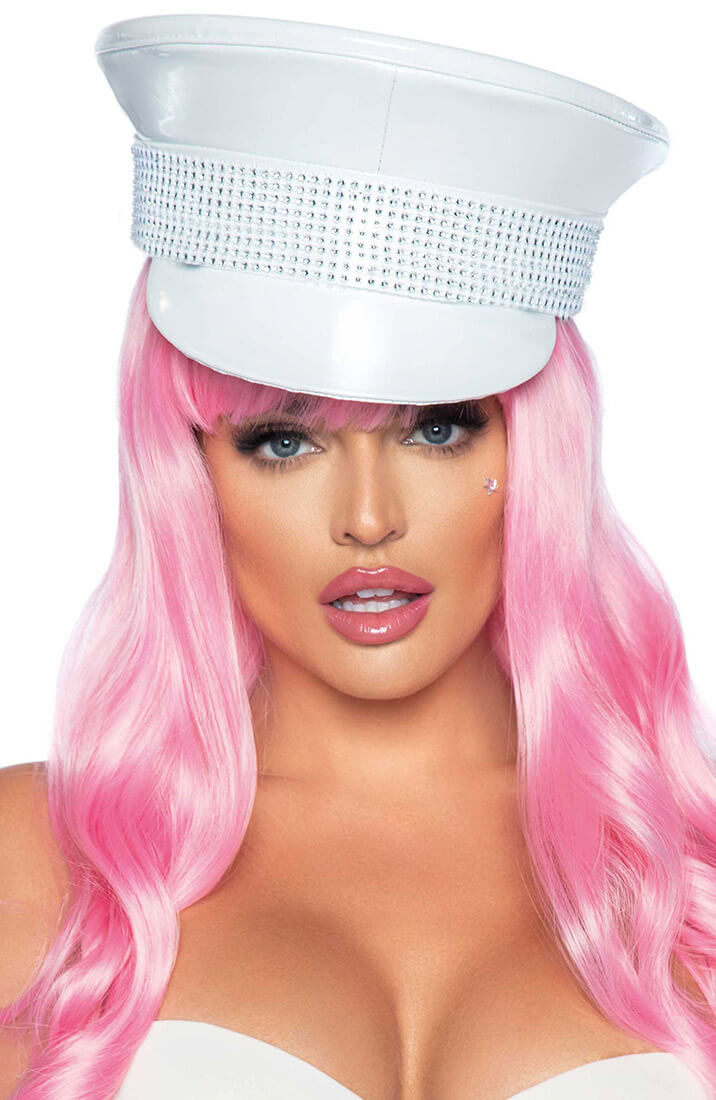 White military hat with rhinestone trim 