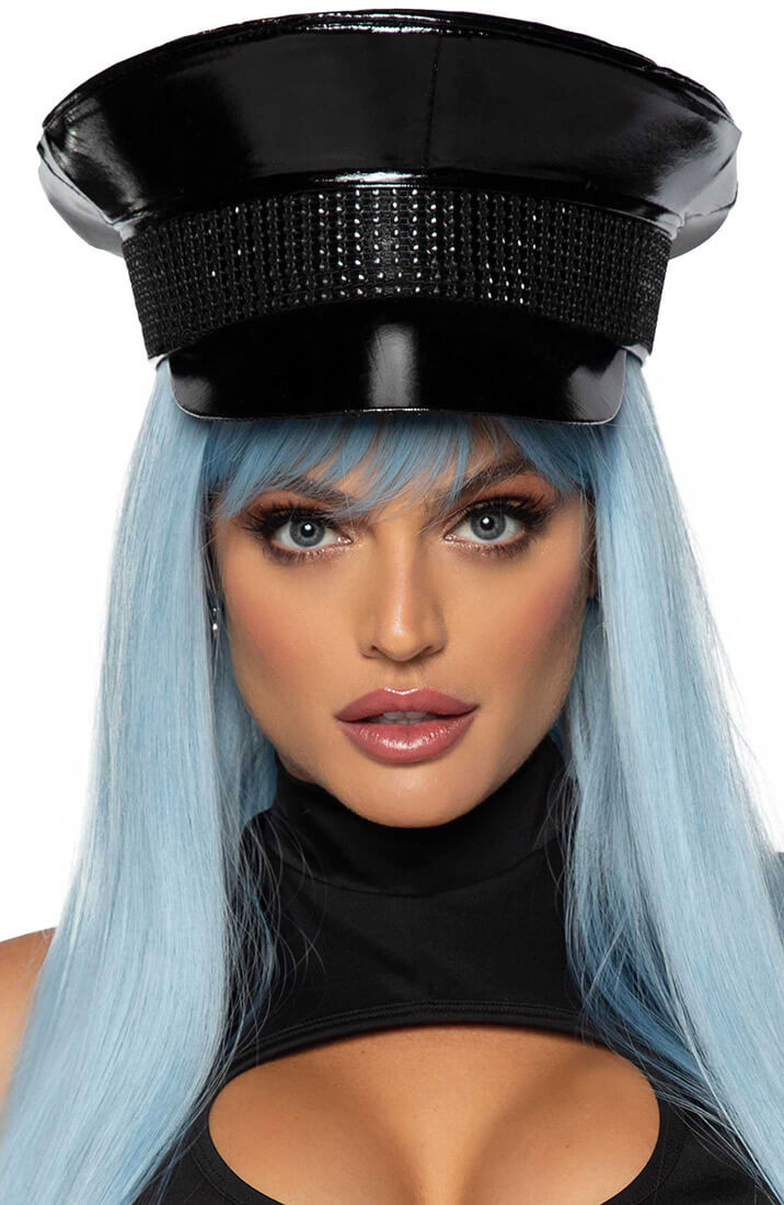 Black military hat with rhinestone trim
