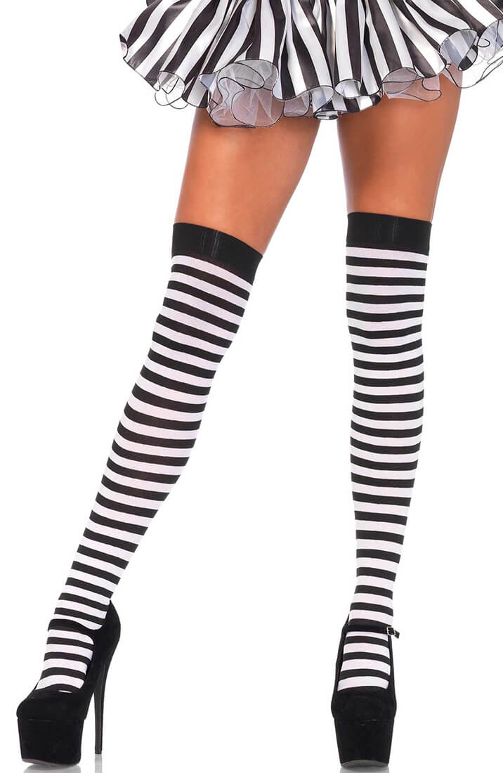 Black and white striped nylon thigh highs