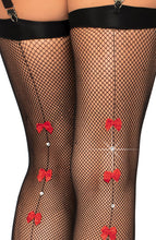 Load image into Gallery viewer, Fishnet thigh highs with rhinestone and bow backseam