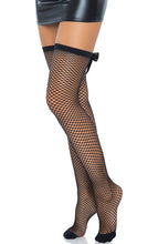 Load image into Gallery viewer, Black net thigh highs with bow &amp; rhinestone backseam