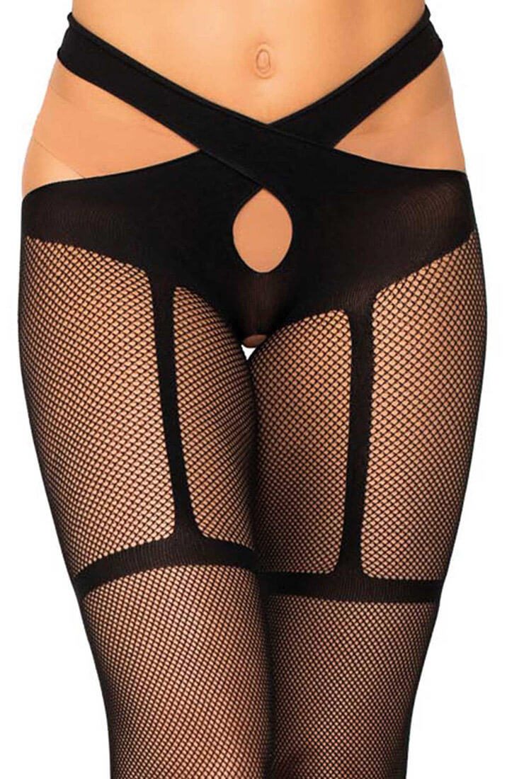 Black fishnet wrap crotchless pantyhose