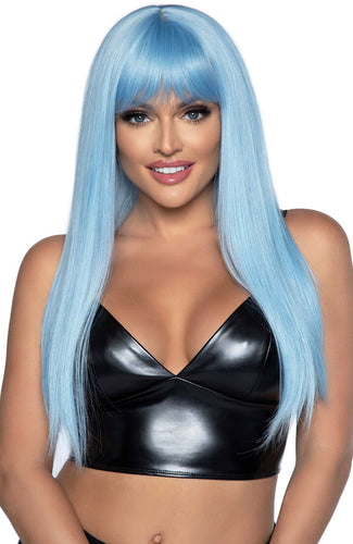 Long straight blue wig with fringe