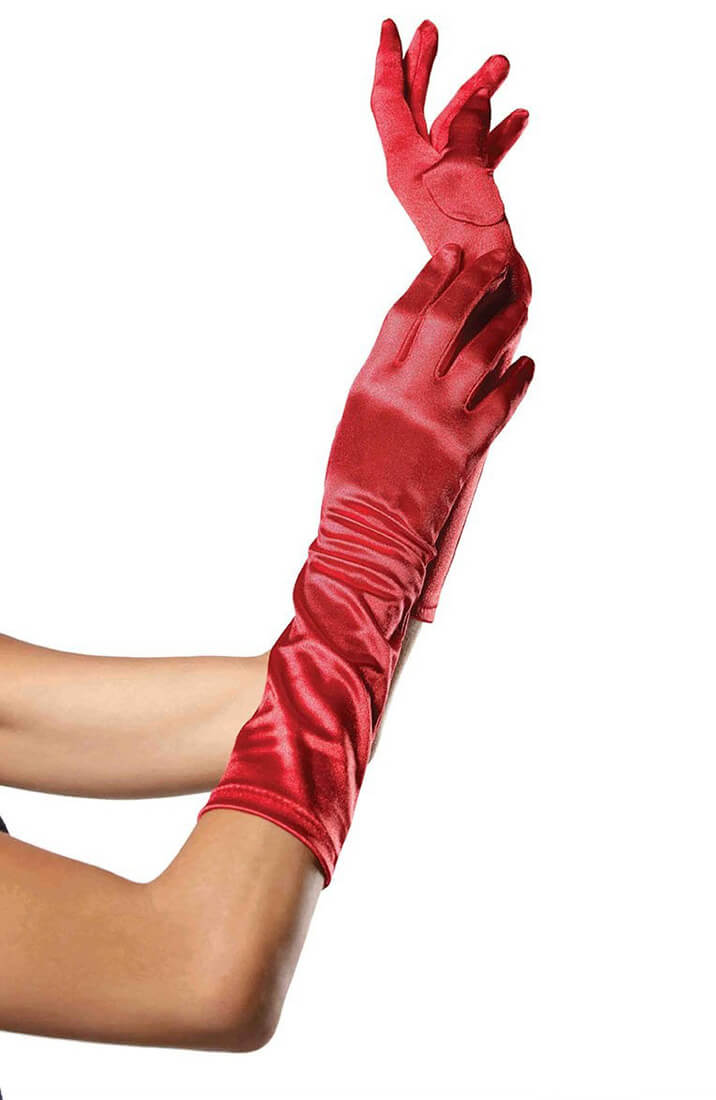 Elbow length red satin gloves
