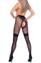 Load image into Gallery viewer, Black crotchless pantyhose with illusion thigh highs