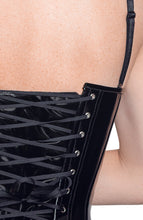 Load image into Gallery viewer, Black vinyl corset with suspenders - Ferocious Vibes