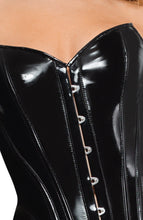 Load image into Gallery viewer, Black vinyl corset with suspenders - Let&#39;s Get It On, Baby