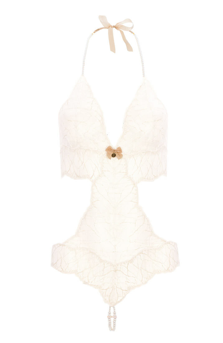 COAX Copenhagen ivory bodysuit with double pearl string and lace crotchless design for intimate pleasure