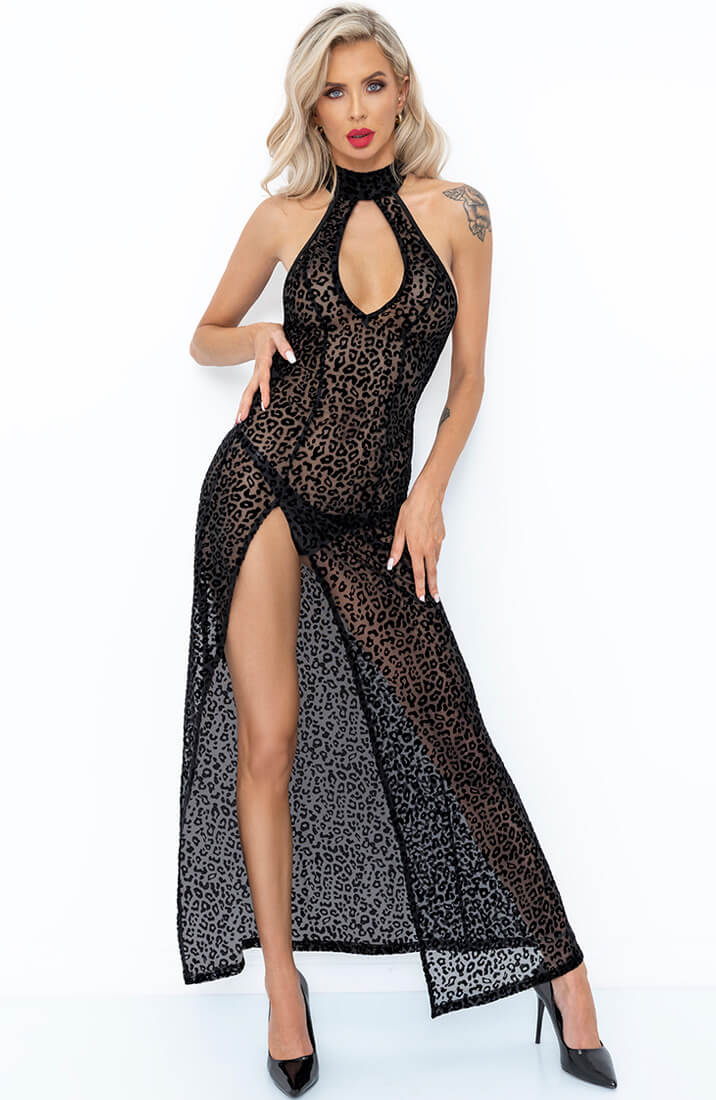 Long sheer black dress with flock leopard print - Fiercely Wild