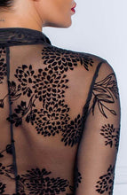 Load image into Gallery viewer, Sheer black long sleeve bodysuit with flock embroidery - Amnesia