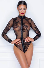 Load image into Gallery viewer, Sheer black long sleeve bodysuit with flock embroidery - Amnesia