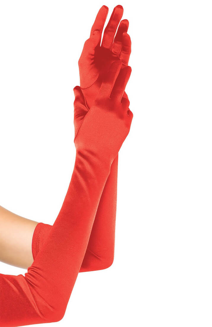 Long red satin gloves