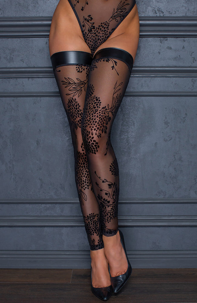 Sheer black thigh highs with flock embroidery - Piece of Me