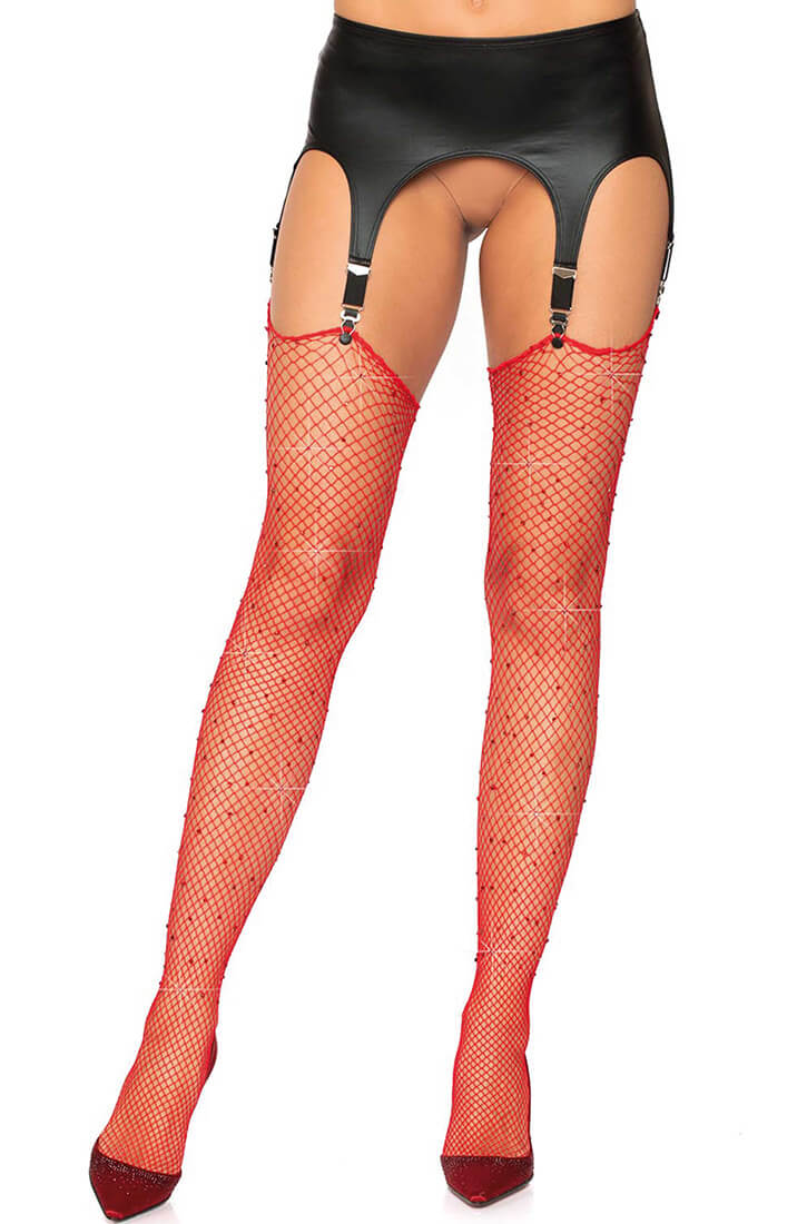 Red fishnet stockings with rhinestones