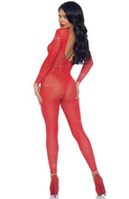 Load image into Gallery viewer, Sheer red rhinestone catsuit